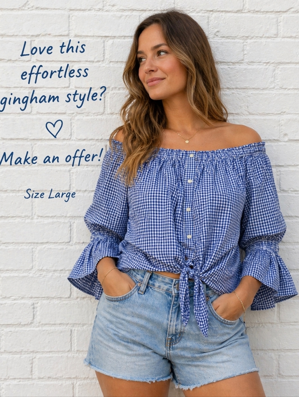 Lucky Brand XL Blue Gingham Tie-Front Off-Shoulder Boho Peasant Blouse